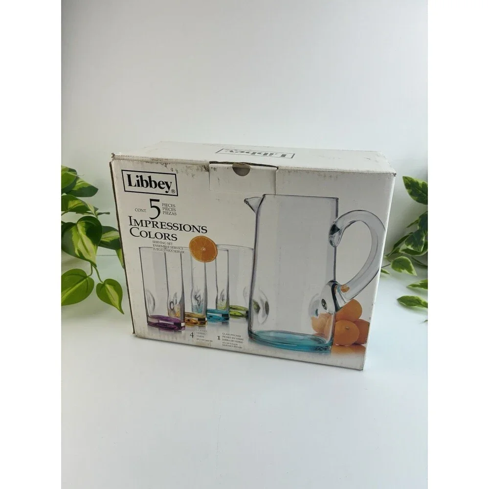 Libbey Impression Colors 5 Piece Serving Set 4 Glasses 16oz 1 Pitcher Margarita